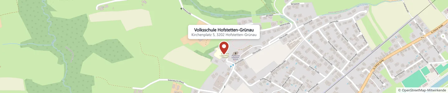 Lageplan: Volksschule Hofstetten-Grünau, Kirchenplatz 5, 3202 Hofstetten-Grünau, neben der Pfarrkirche. Öffnet die Route in Google Maps.
